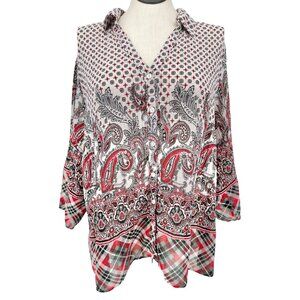 Lane Bryant Womens 22/24W Blouse Black Red White Sheer Button-Down 3/4 Sleeves